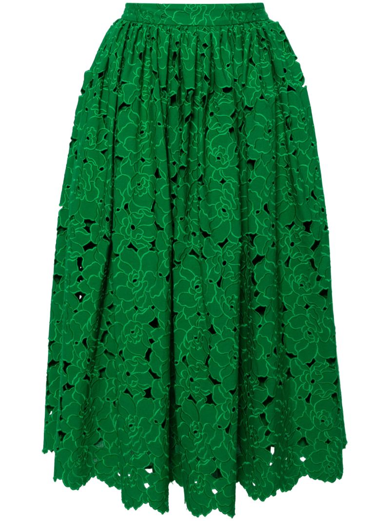 Green Broderie-anglaise Flared Midi Skirt