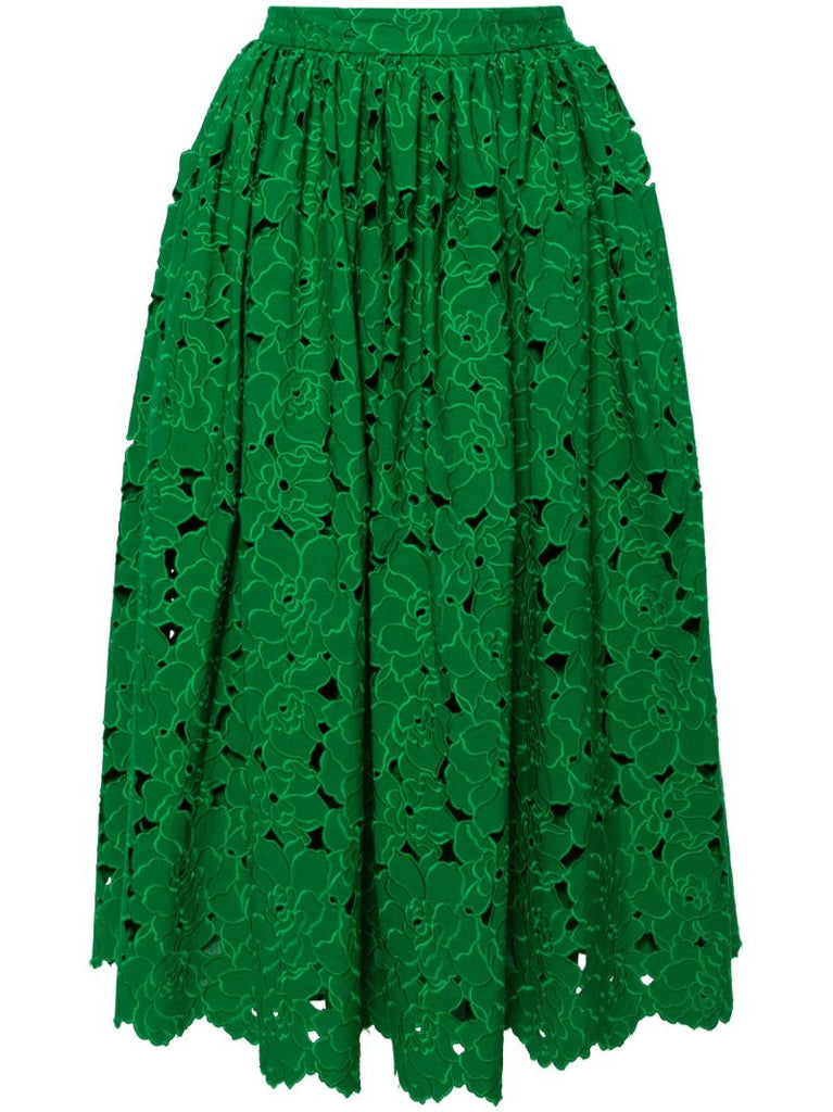 Green Broderie-anglaise Flared Midi Skirt