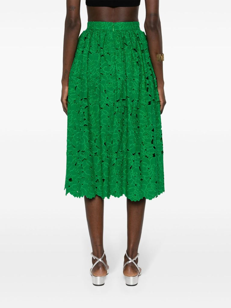 Green Broderie-anglaise Flared Midi Skirt
