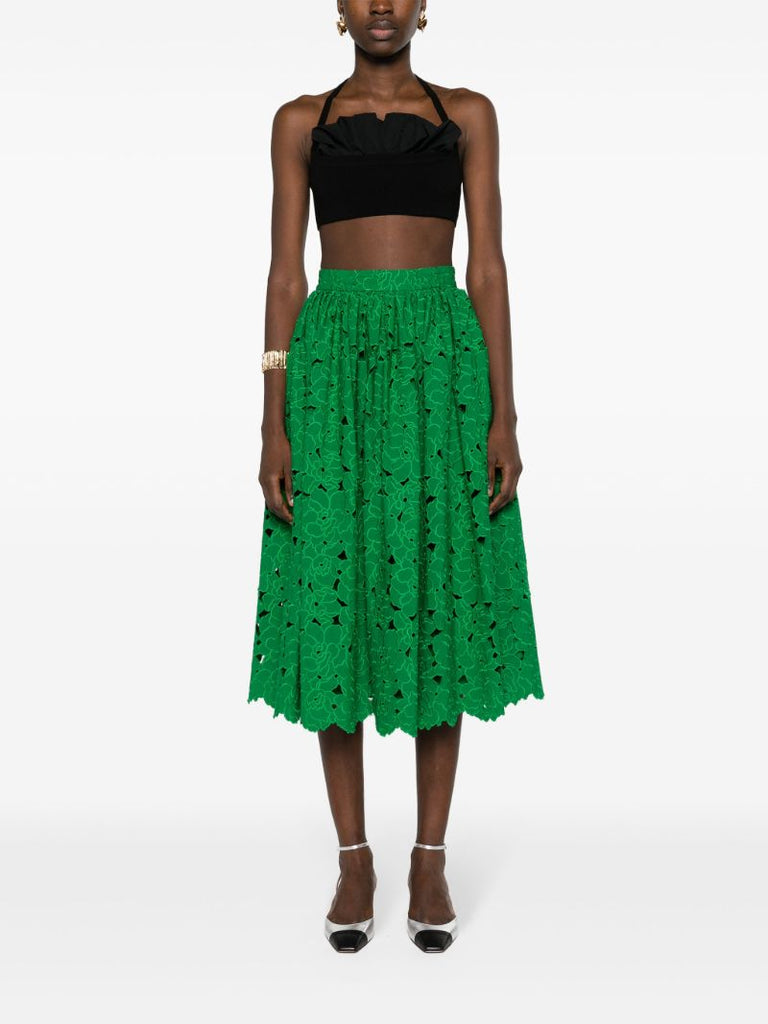 Green Broderie-anglaise Flared Midi Skirt