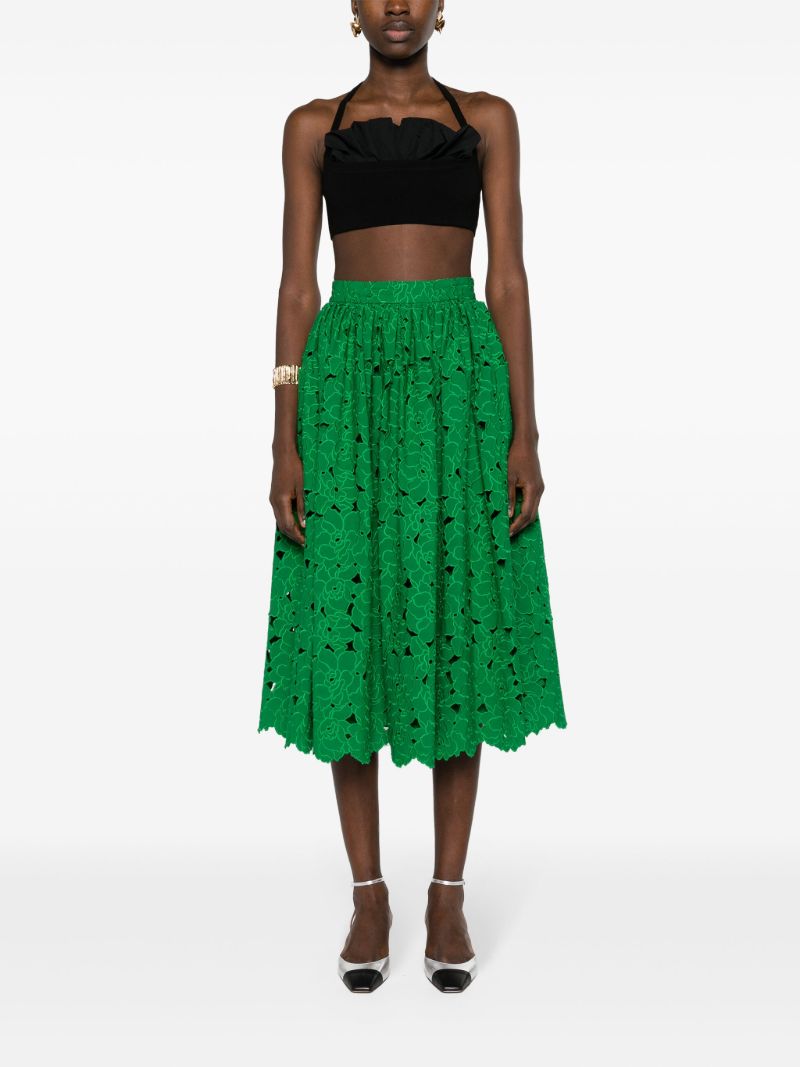 Green Broderie-anglaise Flared Midi Skirt