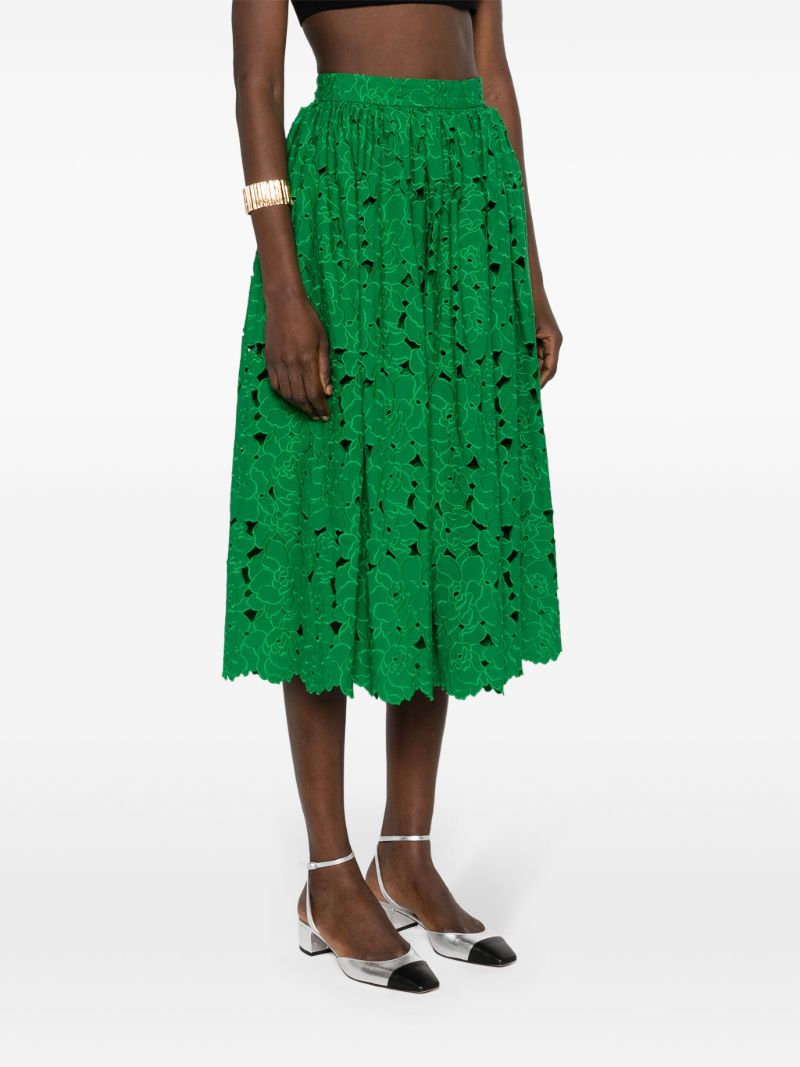 Green Broderie-anglaise Flared Midi Skirt