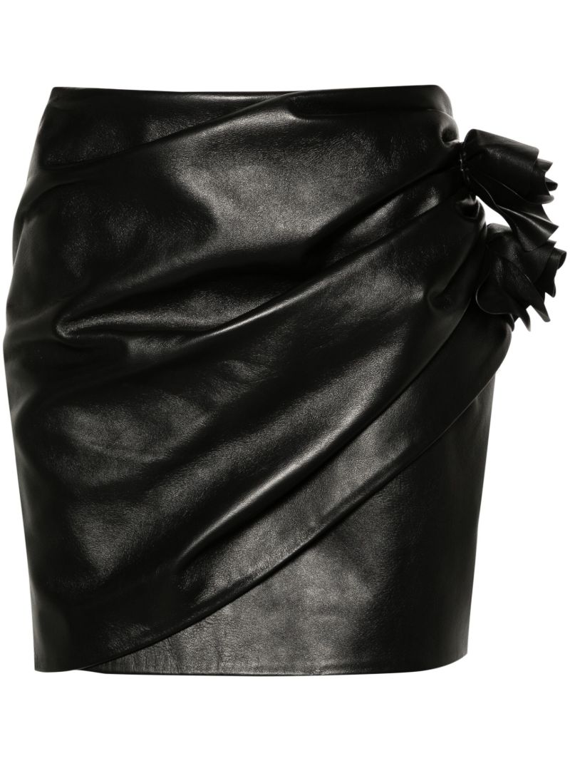 Black Floral-appliquÃ_x0083_Â© Leather Miniskirt