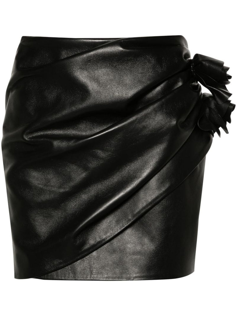 Black Floral-appliquÃ_x0083_Â© Leather Miniskirt