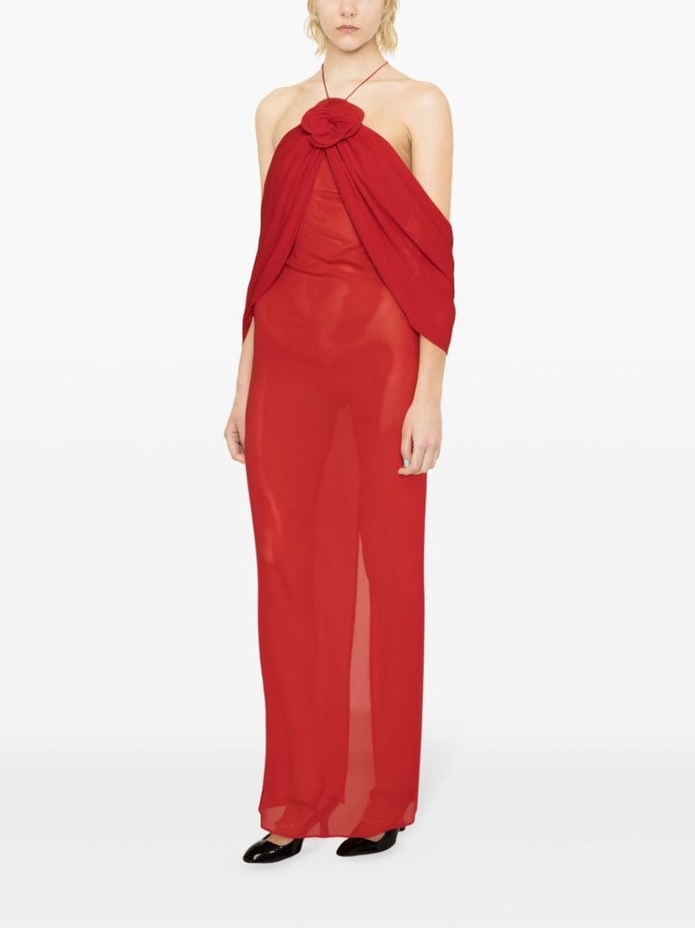 Red Draped Silk Maxi Dress