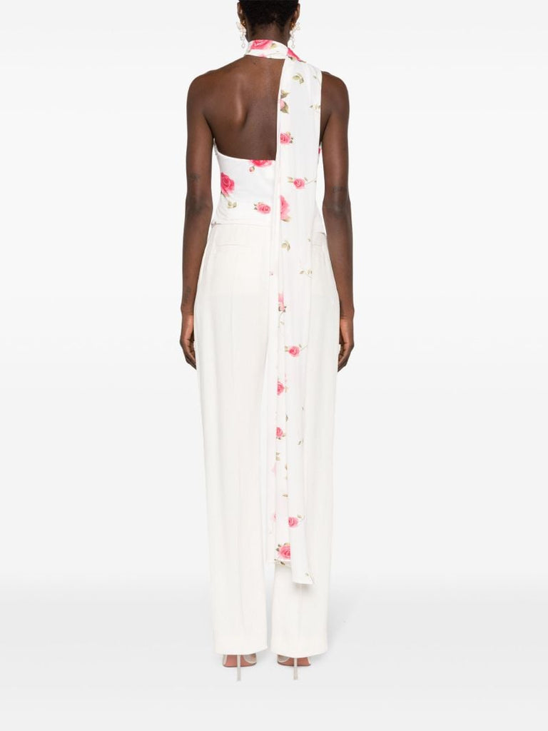 White Floral-print Wrap-neck Top