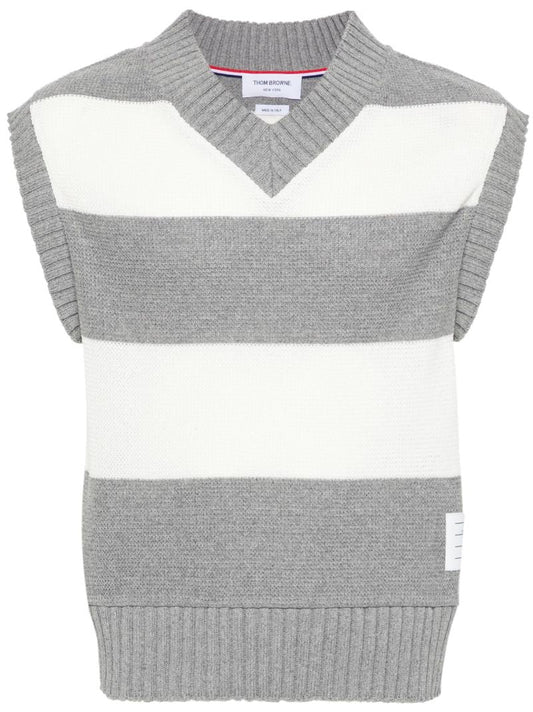 Grey Striped Open-knit Vest