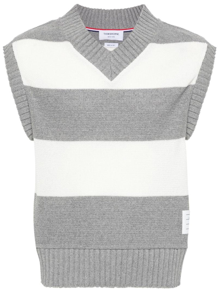Grey Striped Open-knit Vest