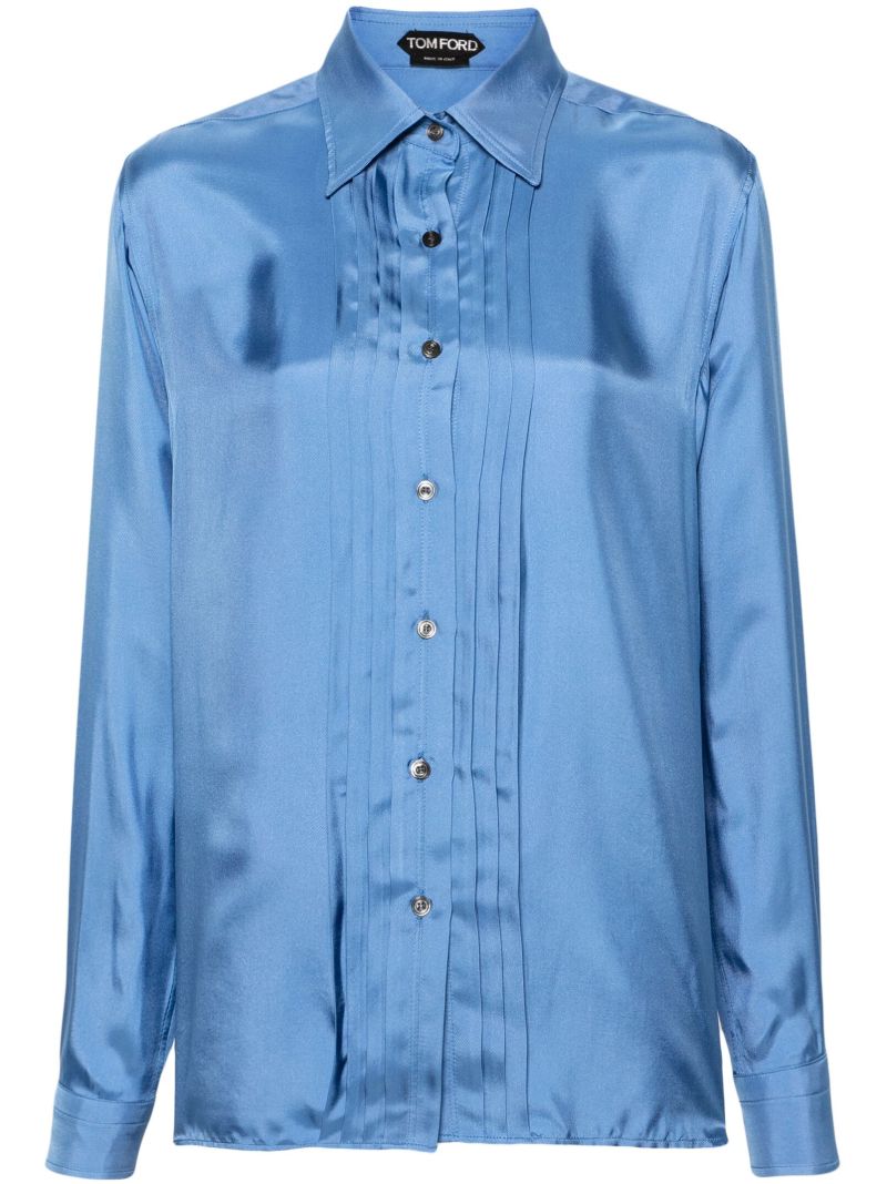 Blue Pleated Satin Shirt