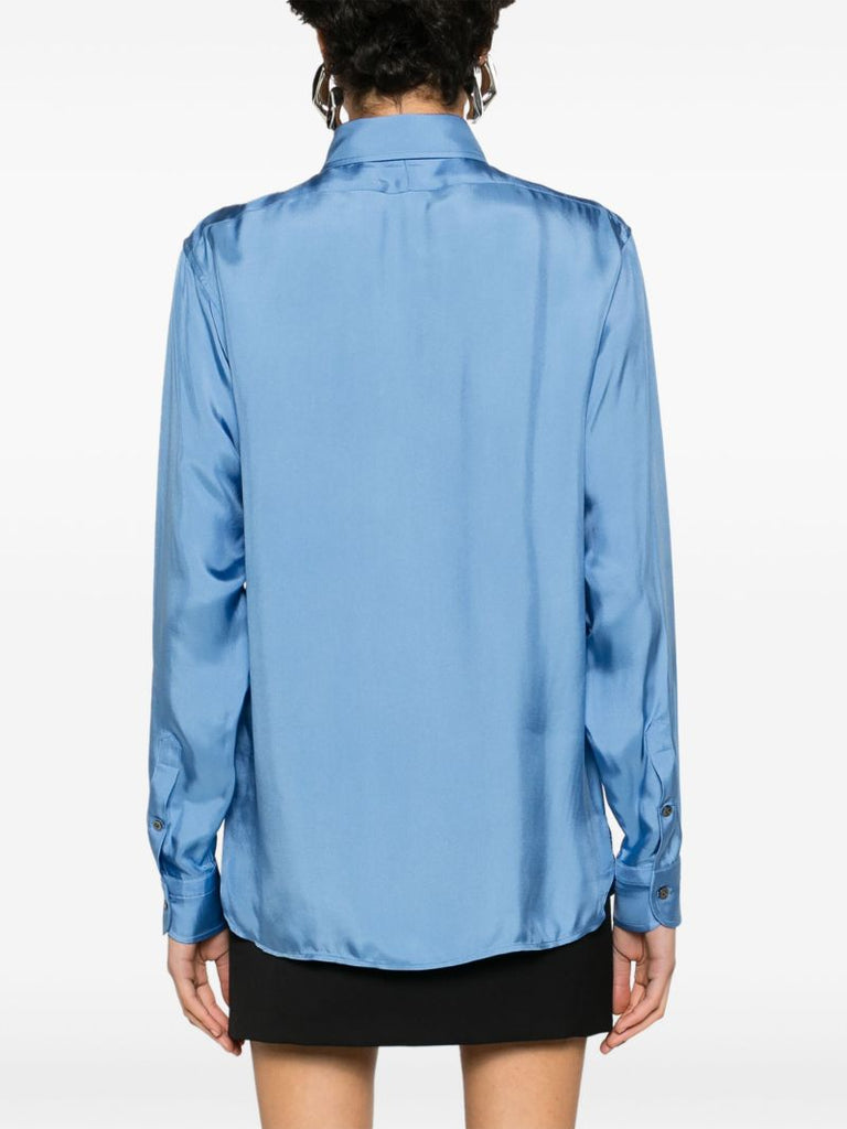 Blue Pleated Satin Shirt