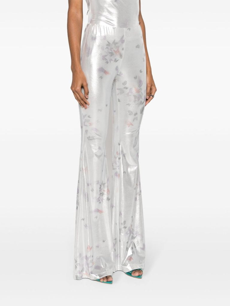Silver-tone Slender Butterfly-print Flared Trousers