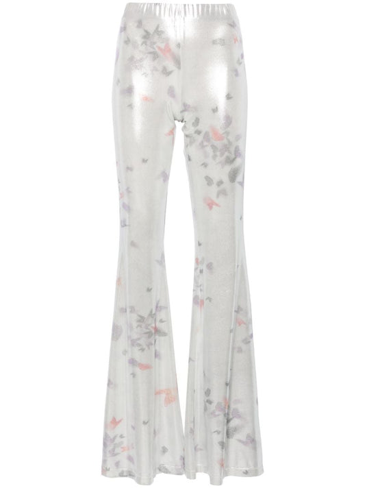 Silver-tone Slender Butterfly-print Flared Trousers