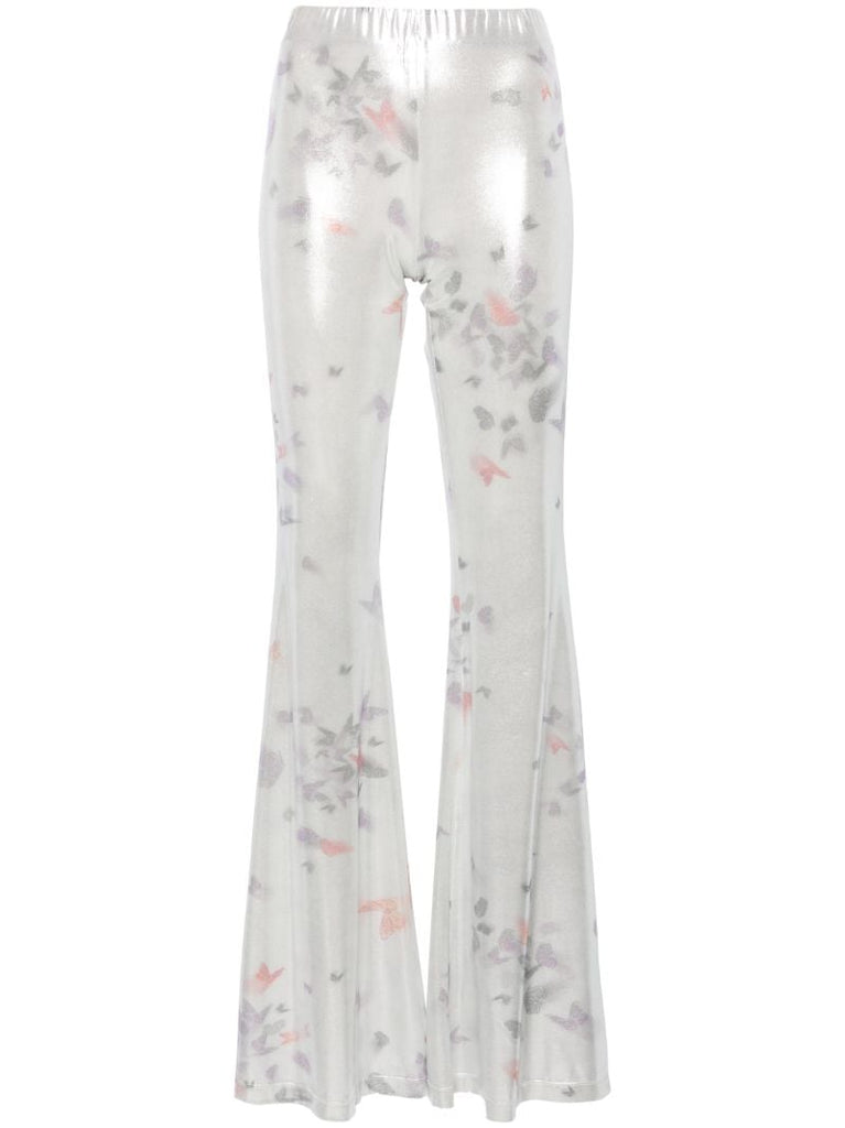 Silver-tone Slender Butterfly-print Flared Trousers