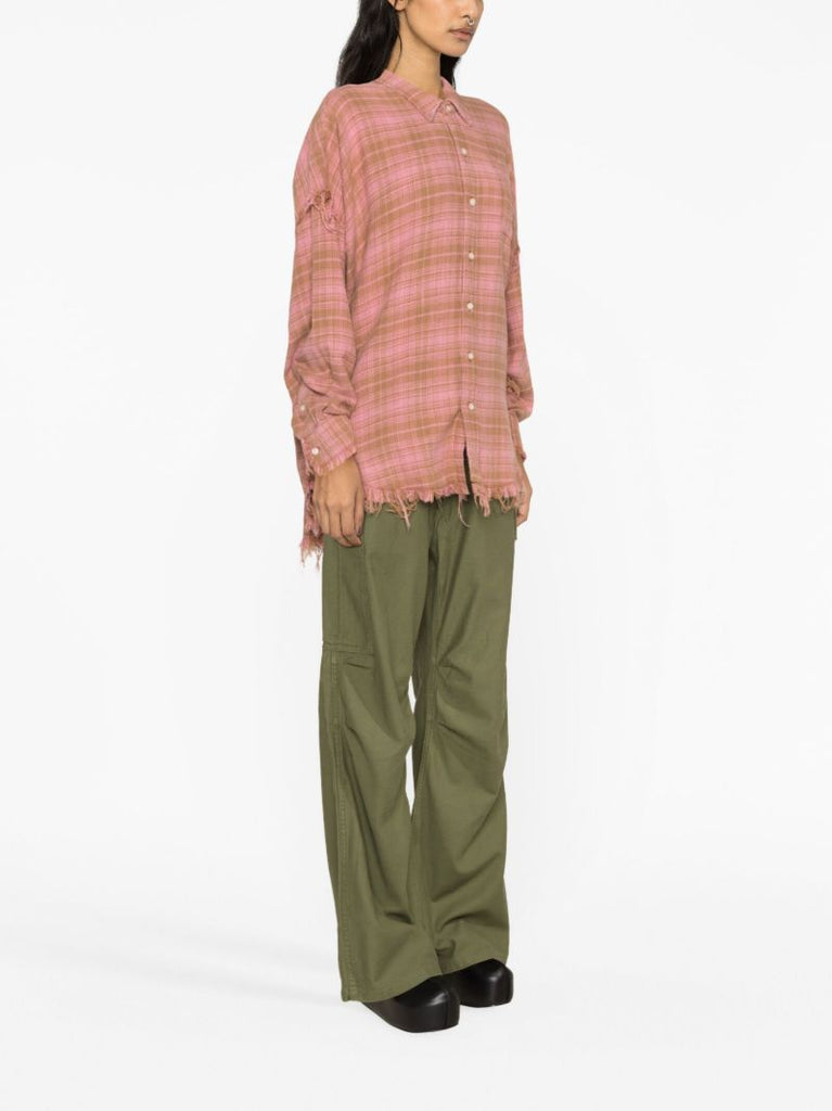 Pink Checked Frayed Cotton Shirt