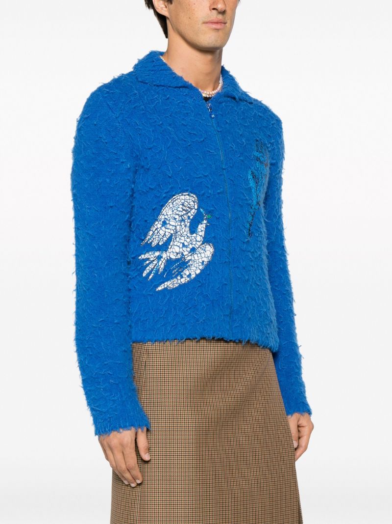 Blue Zip-front Fuzzy-knit Cardigan