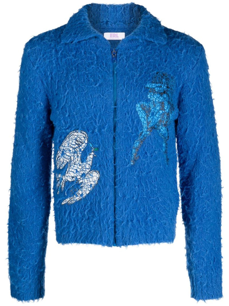 Blue Zip-front Fuzzy-knit Cardigan