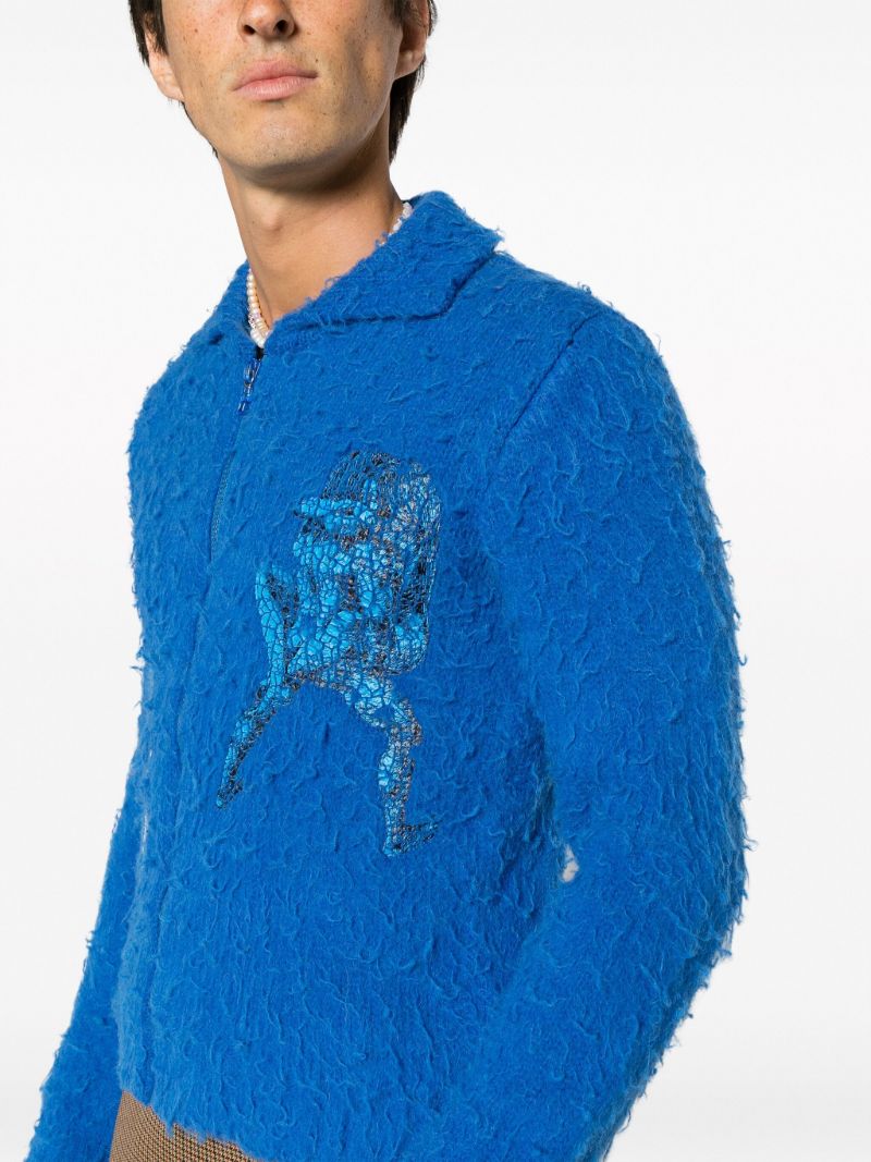 Blue Zip-front Fuzzy-knit Cardigan
