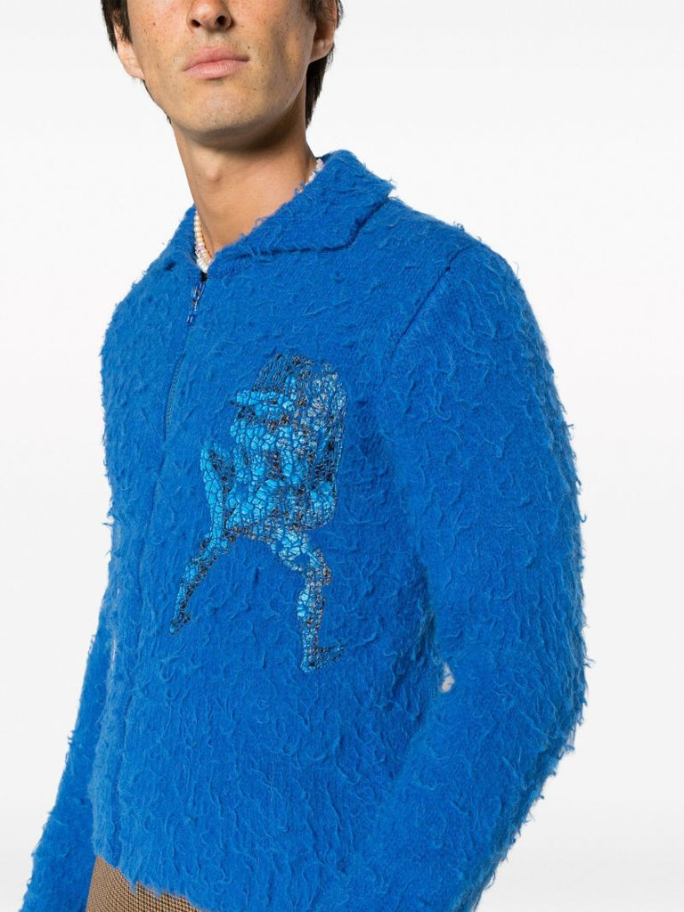 Blue Zip-front Fuzzy-knit Cardigan