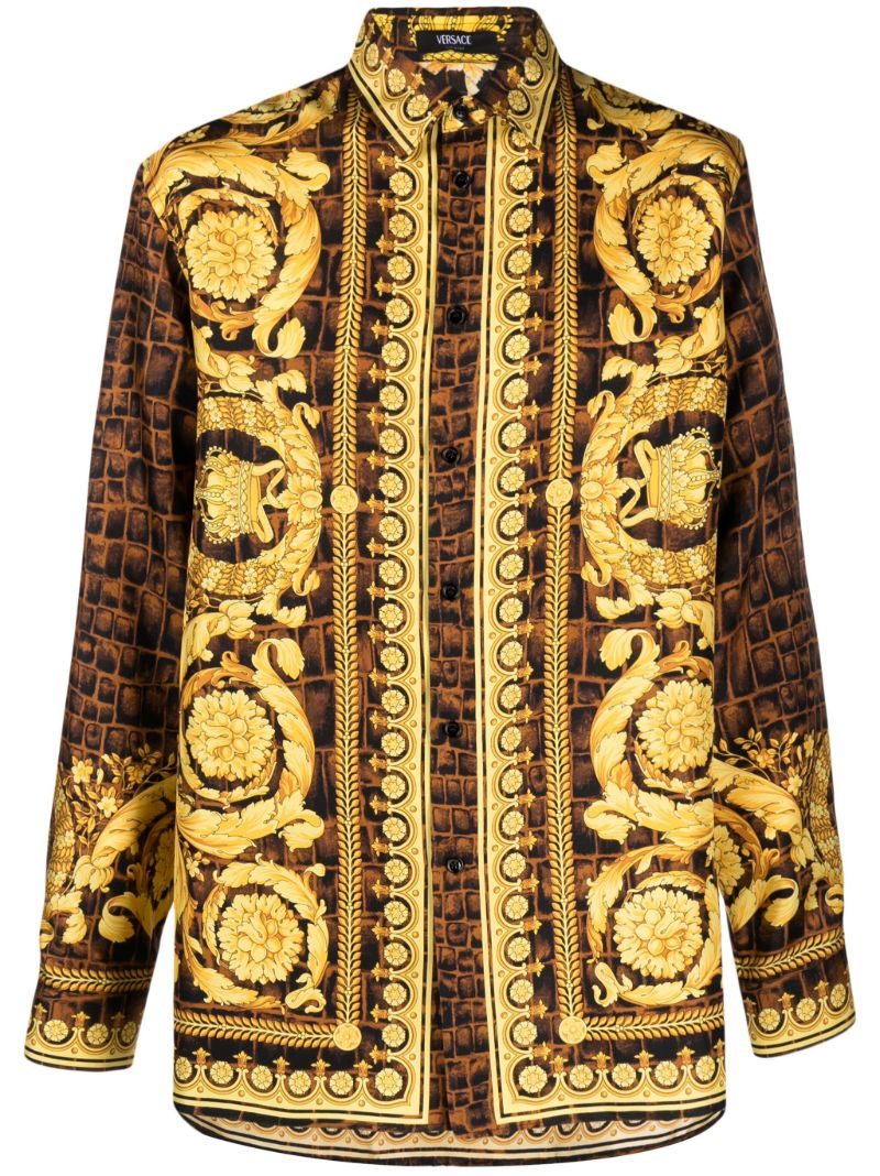 Brown Baroccodile Print Silk Shirt