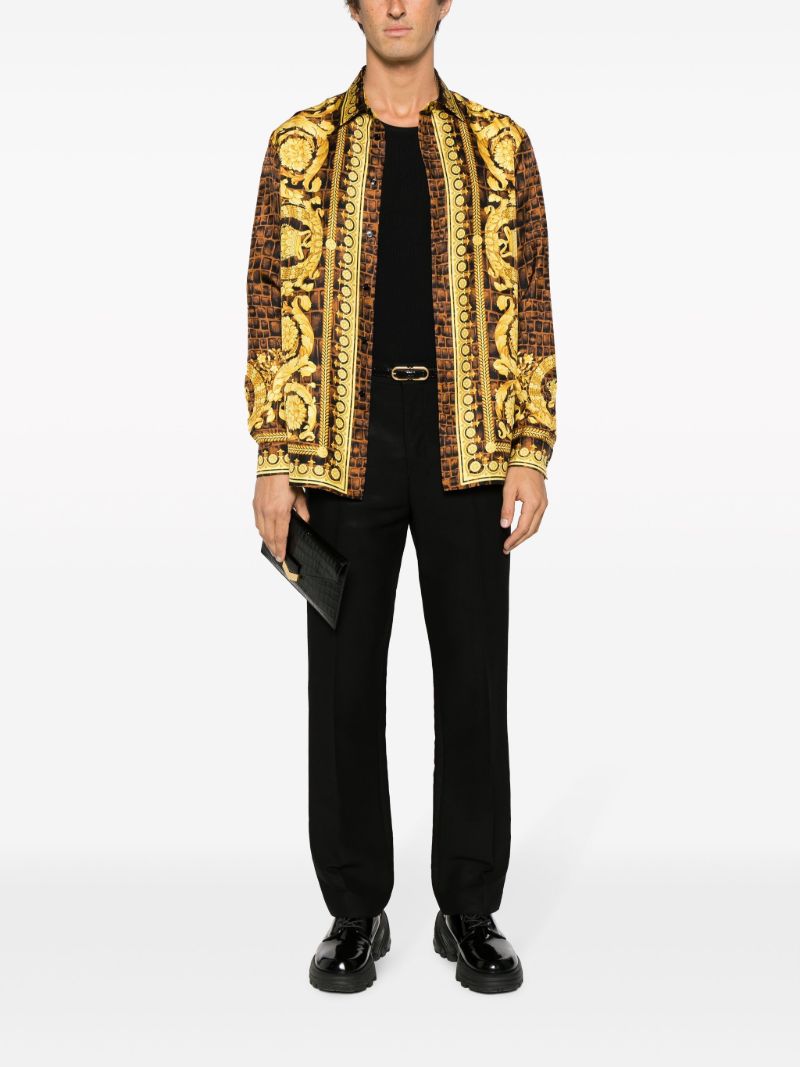 Brown Baroccodile Print Silk Shirt