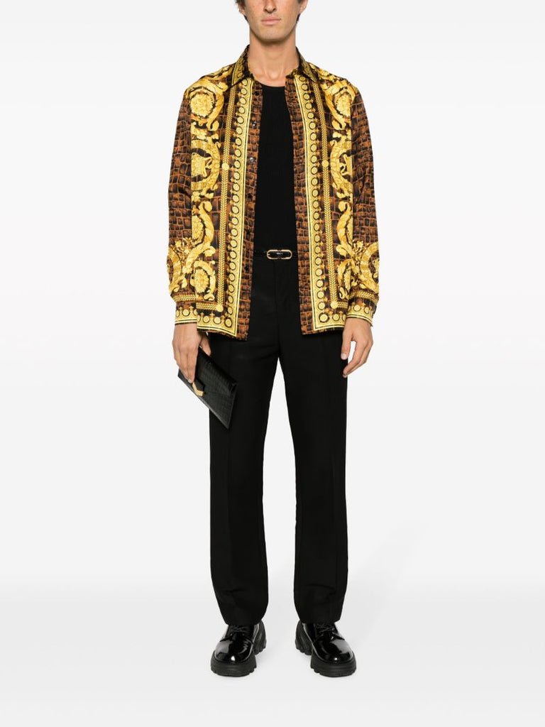 Brown Baroccodile Print Silk Shirt
