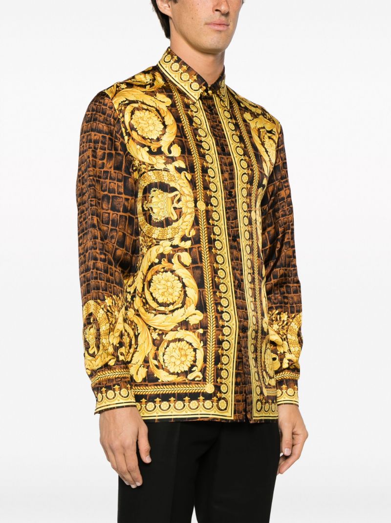 Brown Baroccodile Print Silk Shirt