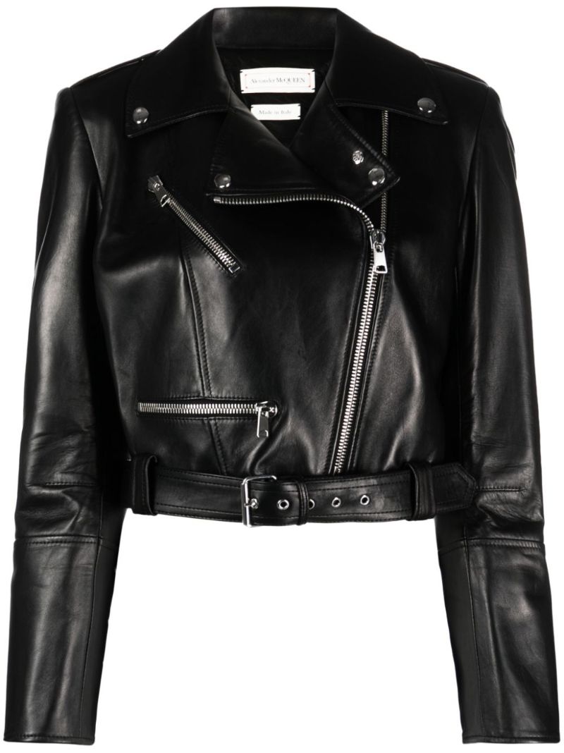 Black Cropped Leather Biker Jacket