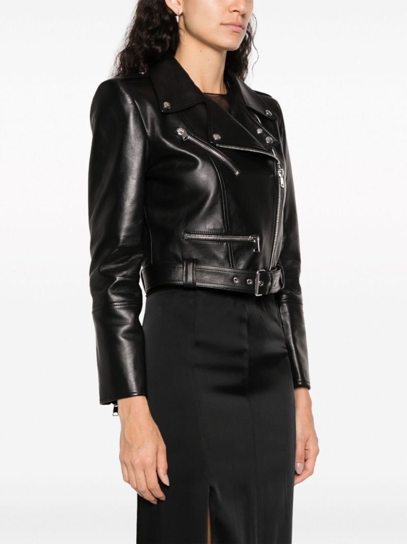 Black Cropped Leather Biker Jacket