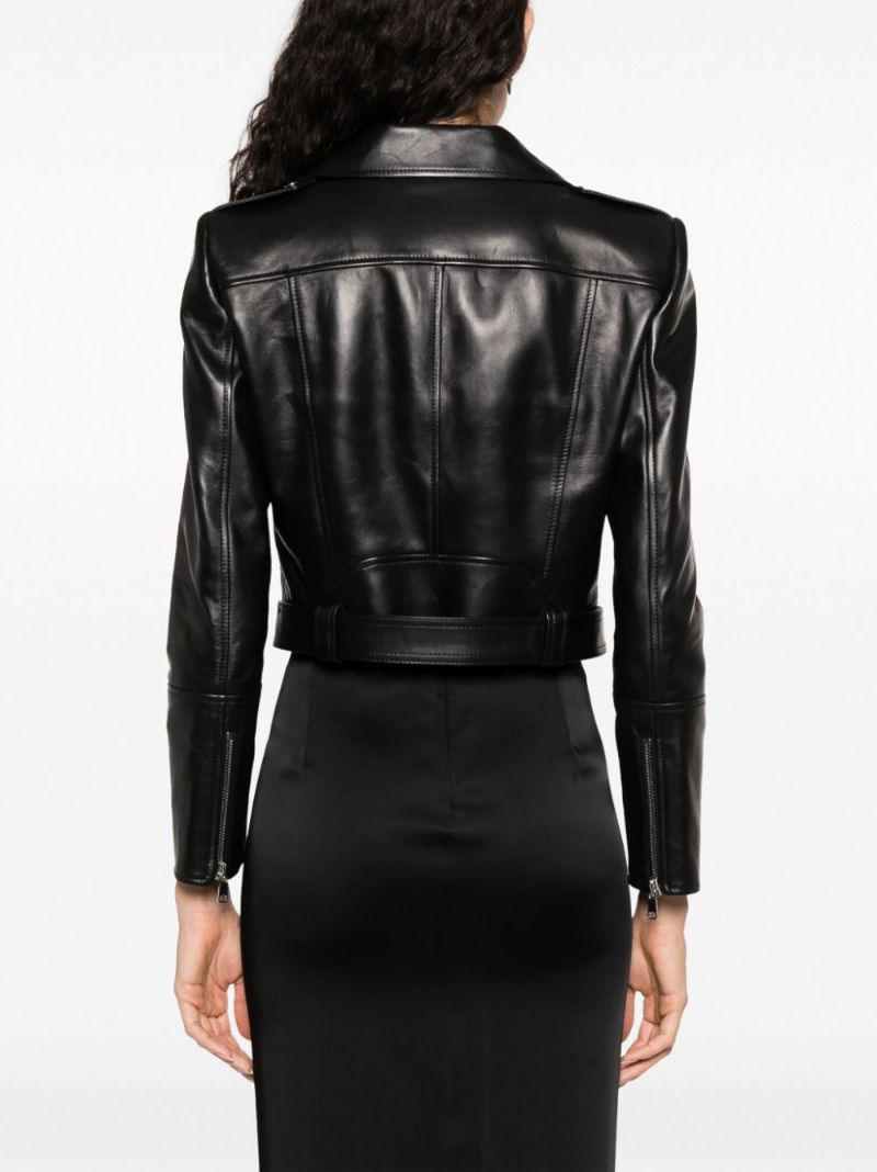 Black Cropped Leather Biker Jacket