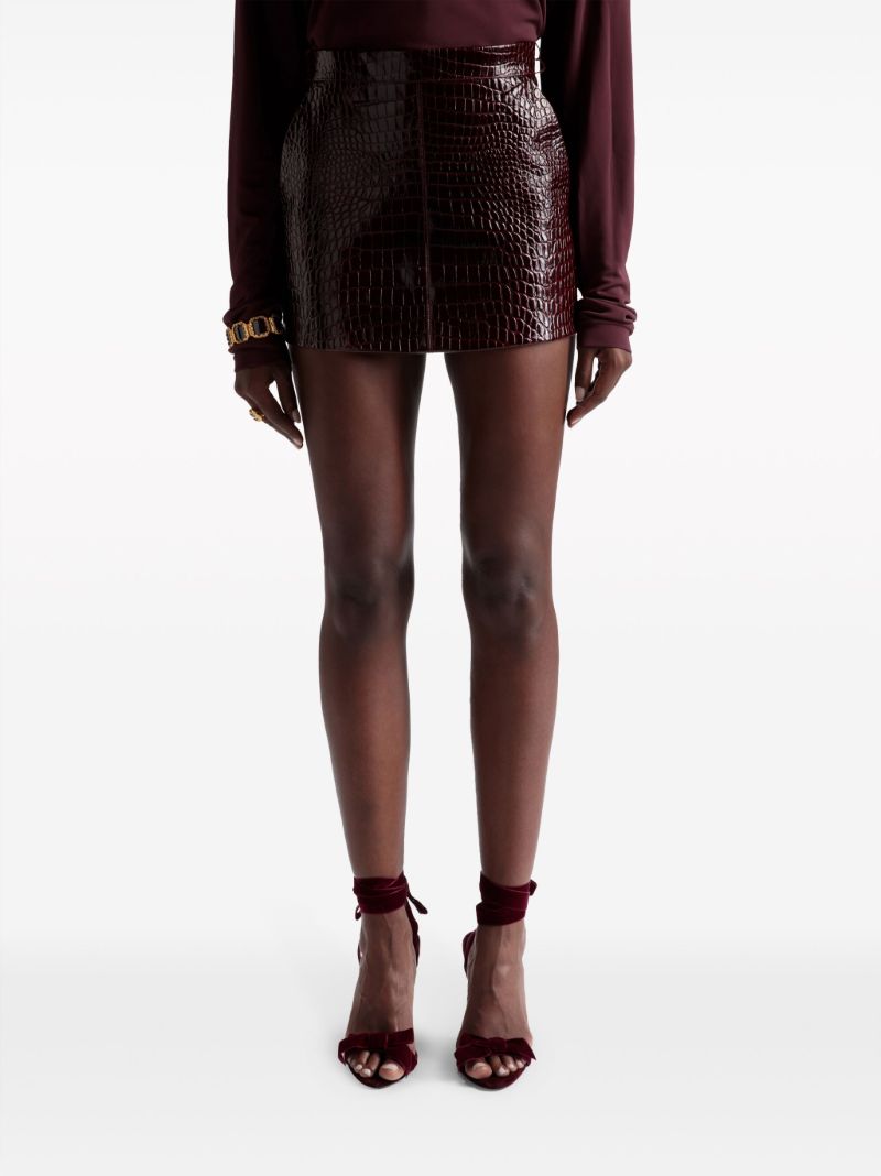 Red Crocodile-embossed Leather Skirt