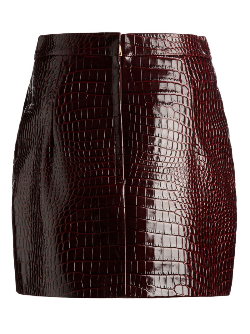 Red Crocodile-embossed Leather Skirt
