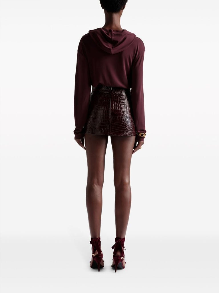Red Crocodile-embossed Leather Skirt