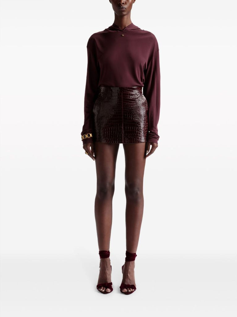 Red Crocodile-embossed Leather Skirt