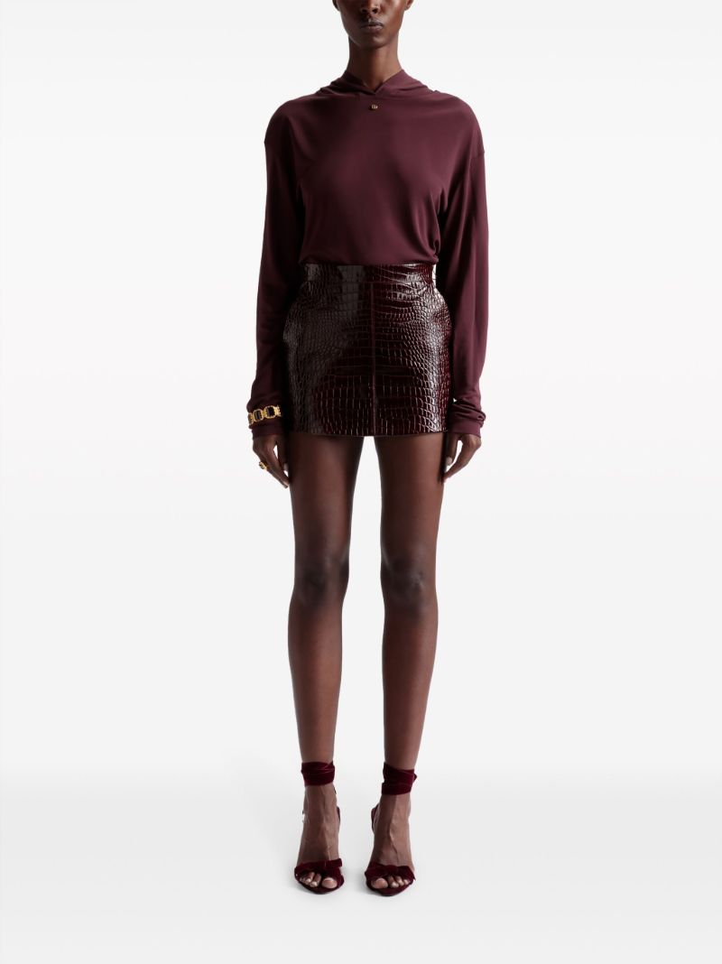 Red Crocodile-embossed Leather Skirt