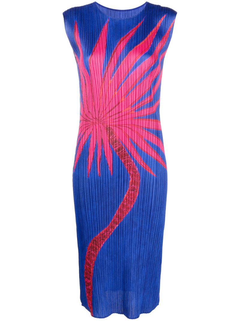 Blue Floral Print Pleated Dress