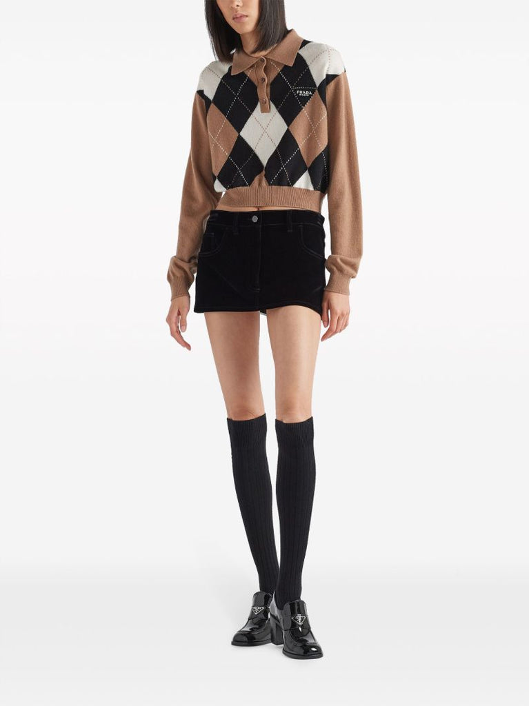Brown Argyle Cashmere Polo Top