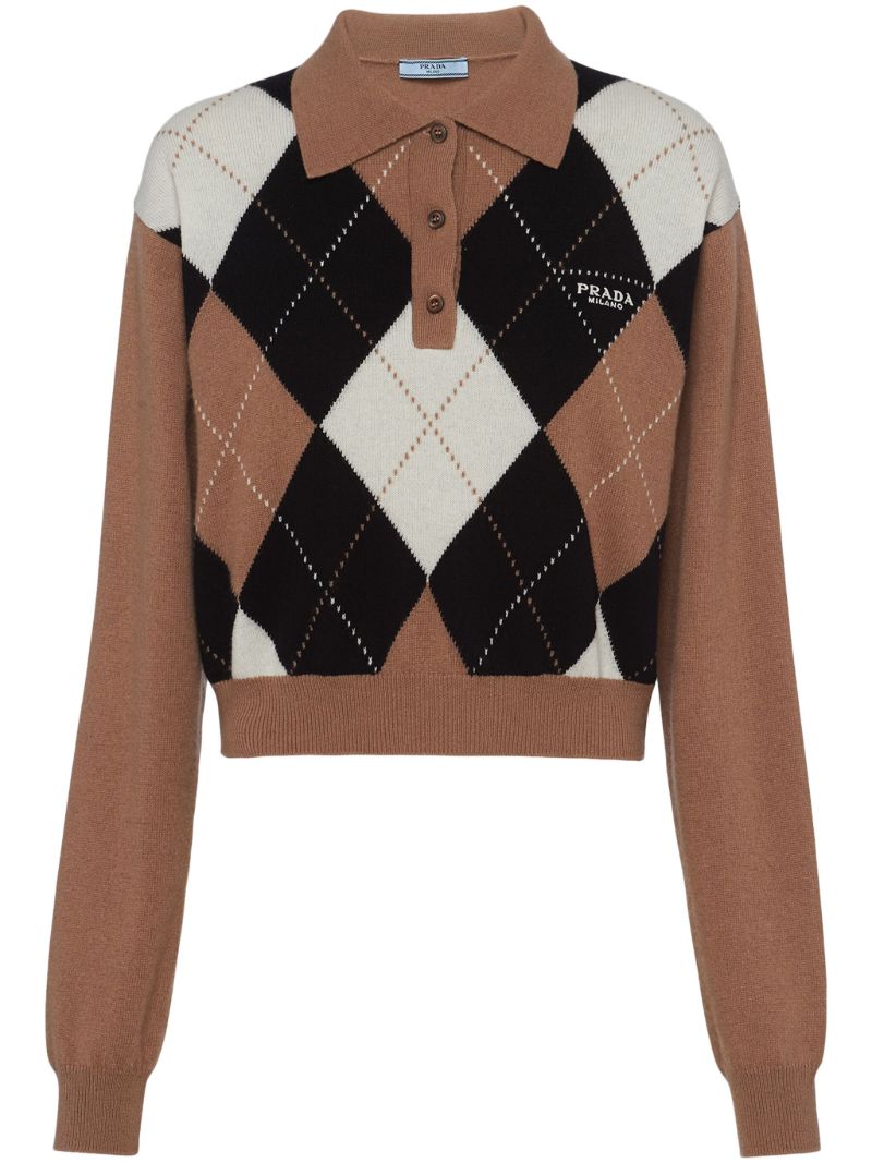 Brown Argyle Cashmere Polo Top