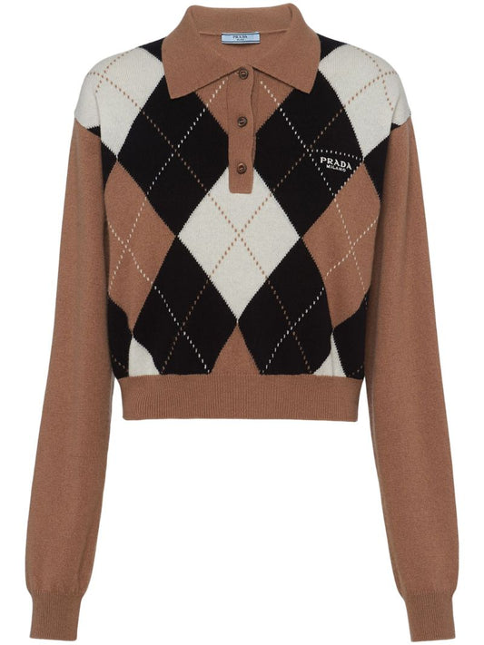 Brown Argyle Cashmere Polo Top