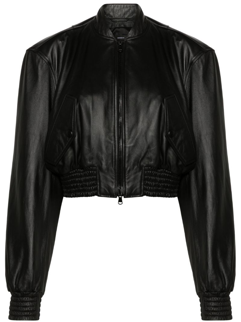 Black Cropped Leather Bomber Jacket