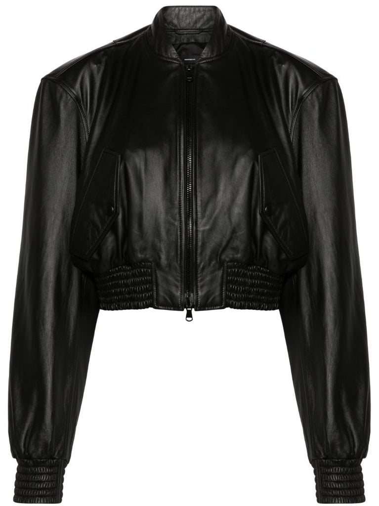 Black Cropped Leather Bomber Jacket