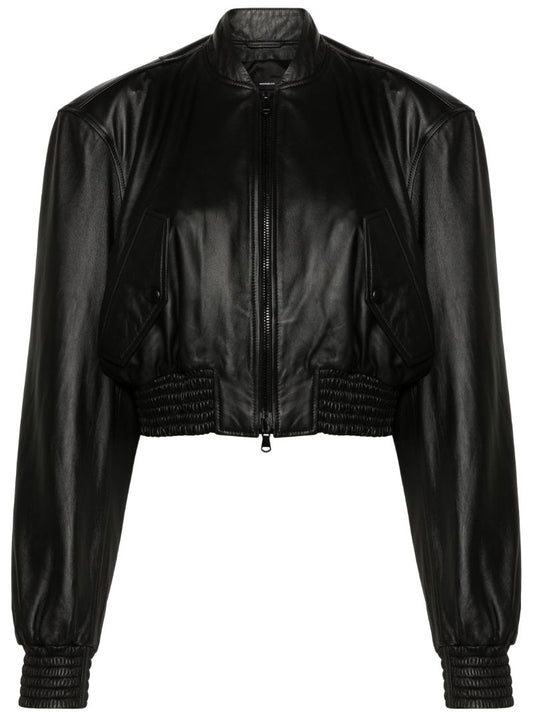 Black Cropped Leather Bomber Jacket