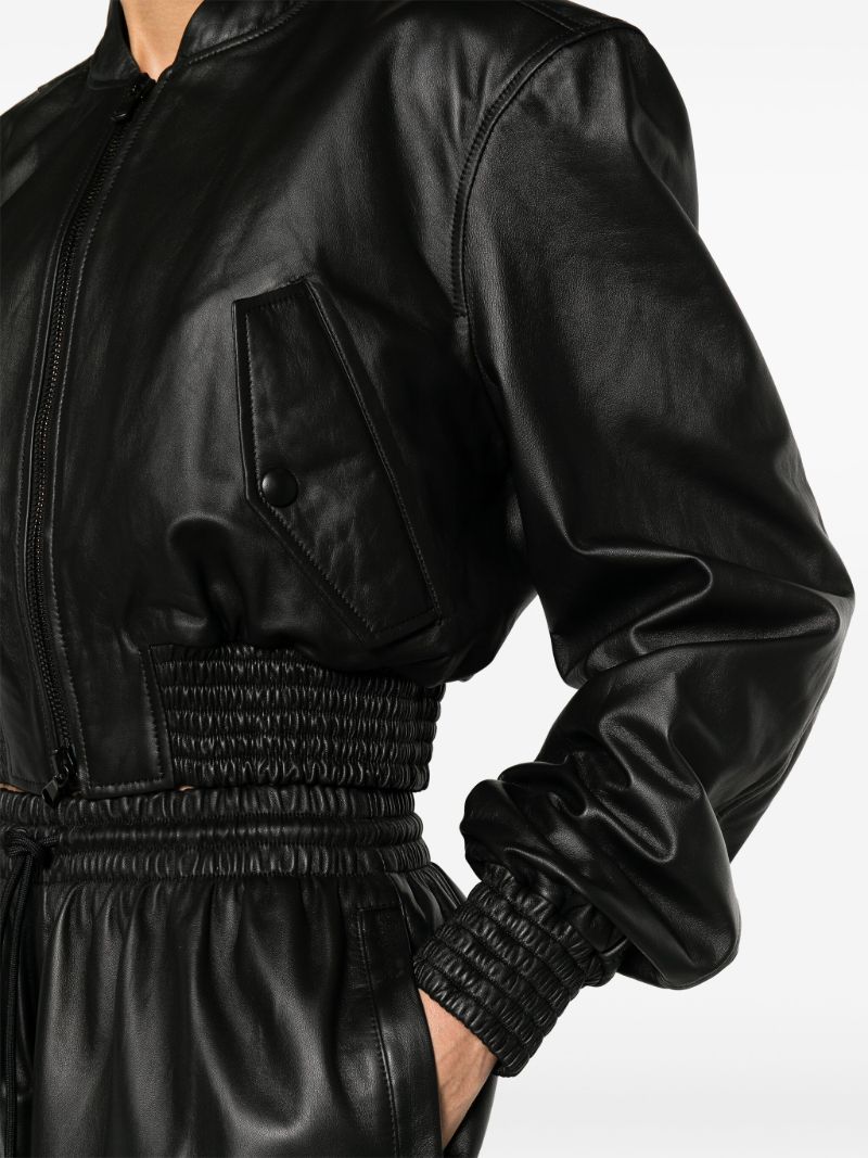 Black Cropped Leather Bomber Jacket