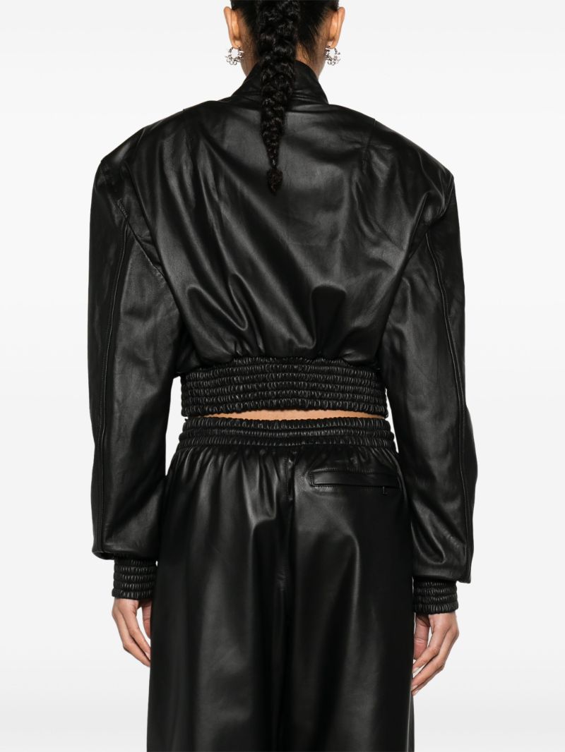 Black Cropped Leather Bomber Jacket