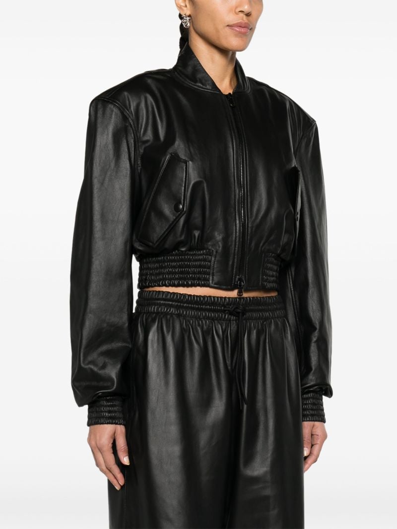 Black Cropped Leather Bomber Jacket
