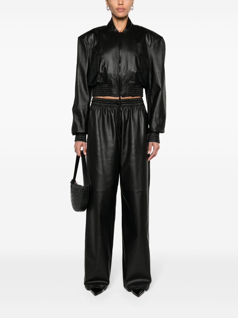 Black Cropped Leather Bomber Jacket