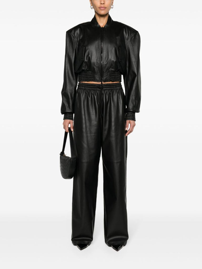 Black Cropped Leather Bomber Jacket
