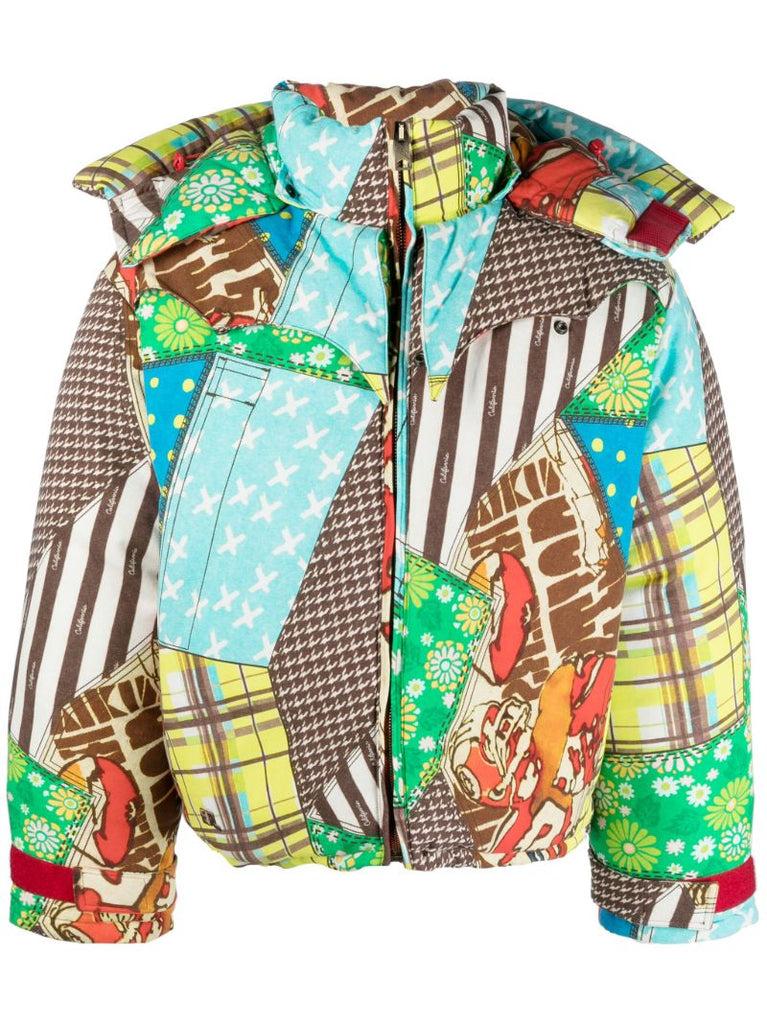 Multicoloured Patchwork-pattern Hooded Jacket