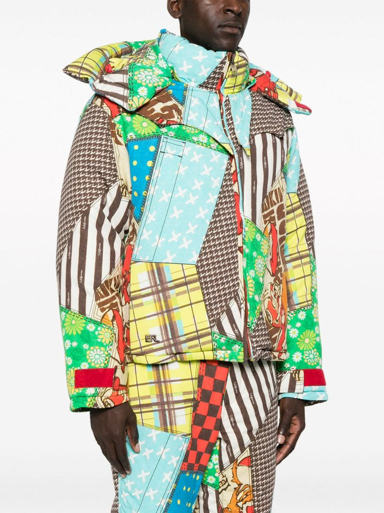 Multicoloured Patchwork-pattern Hooded Jacket