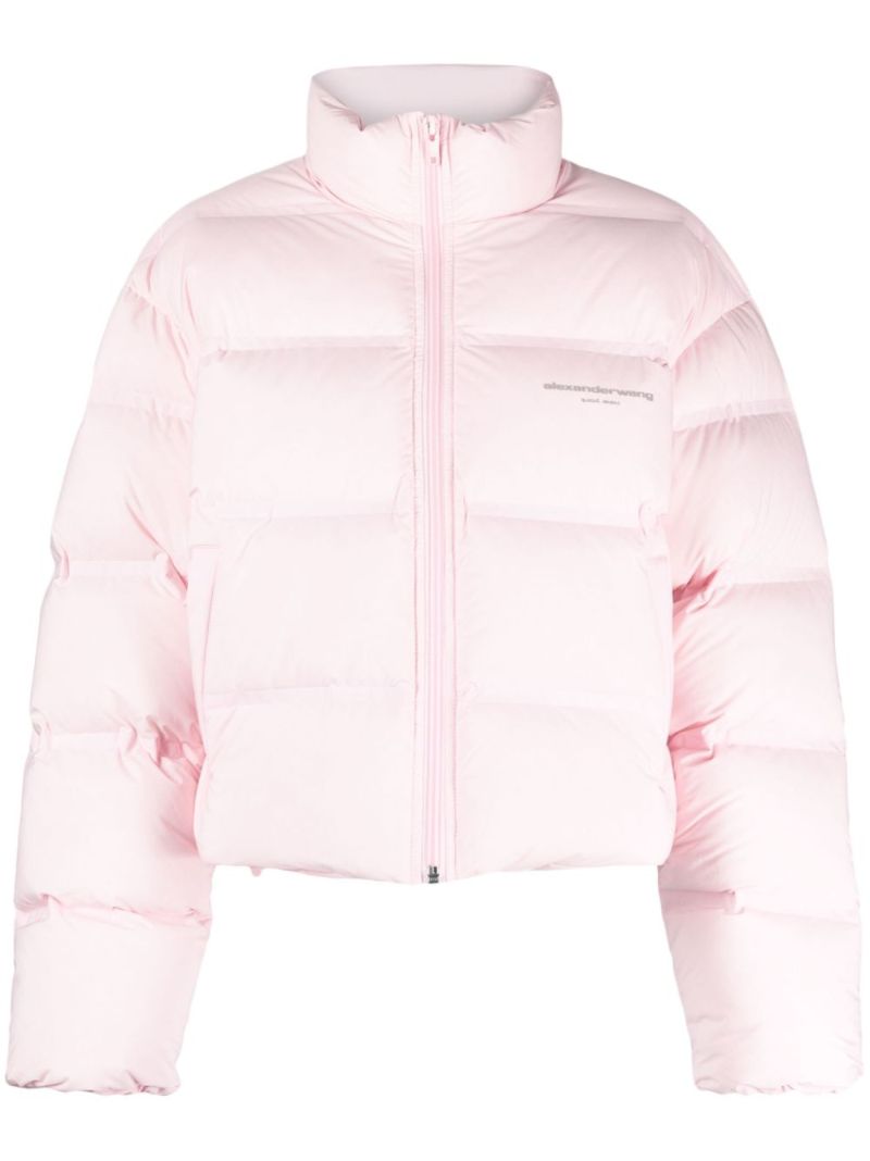 Pink Logo Print Cropped Puffer Jacket