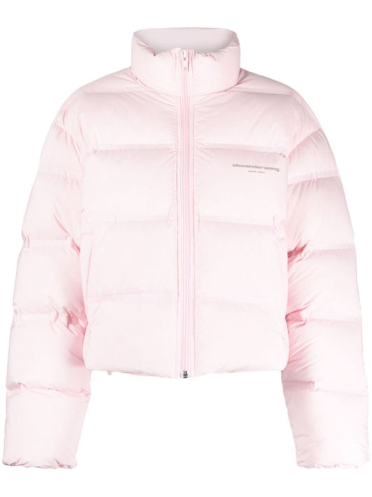 Pink Logo Print Cropped Puffer Jacket